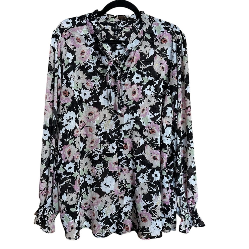 Torrid Floral Metallic Long Sleeve Ruffle Semi Sheer Lightweight Blouse Top 3